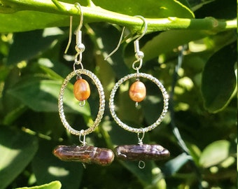 MilyRocks Peach and bronze Biwa pearl handcrafted earrings