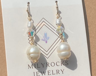Handcrafted MilyRocks white Pearl and crystal earrings