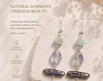 Handcrafted MilyRocks Amazonite flourite and biwa Pearl earrings