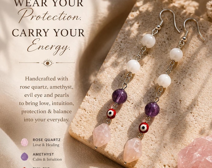 Featured listing image: Handcrafted MilyRocks The Guardian Earrings Rose Quartz Amethyst Evil Eye Freshwater Pearls