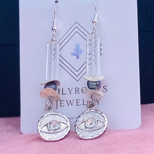 Milyrocks handcrafted clear quartz, deep blue pearls and eye earrings