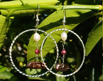 MilyRocks White, powder rose & Biwa maroon pearl hoop dangle handcrafted earrings.