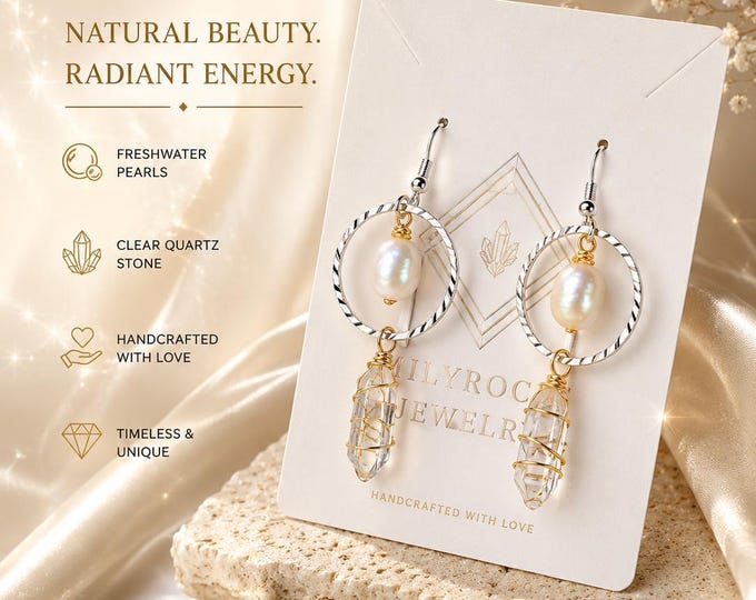 Featured listing image: Milyrocks handcrafted circle, clear quartz & pearls earrings