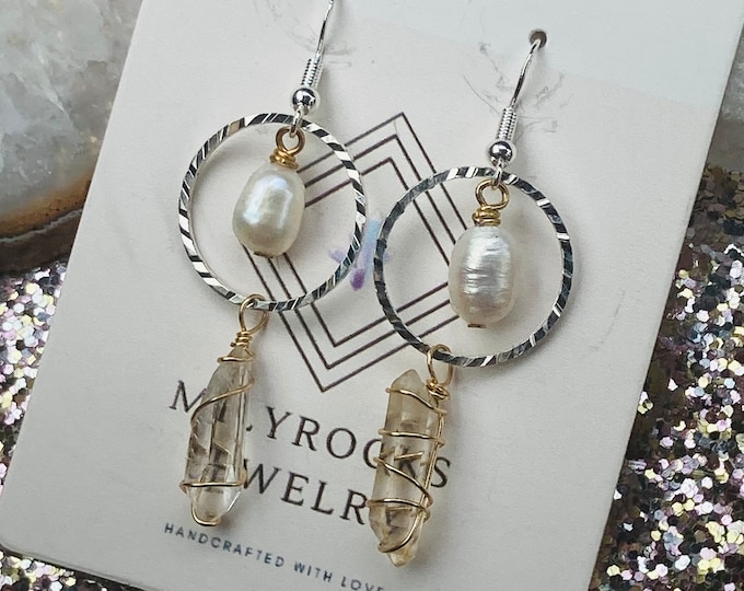 Featured listing image: Milyrocks handcrafted circle, clear quartz & pearls earrings