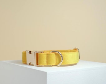 Yellow Velvet Dog Collar with Engraved Name Plate, Personalised Puppy Dog Collar and Leash Set Dog Wedding Dress, Free Shipping