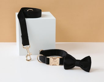 Personalisiertes schwarzes Hundehalsband und Schleife-Set, schwarzes Samthalsband, Hochzeitshundehalsband und Leine für Jungenhund, weiches Halsband zum Verkauf