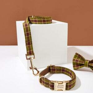 Plaid Personalized Dog Collar with Bow, Engraved Dog Collar and Leash Bow tie Set For Boy Dog, Green Plaid Dog Collar image 2