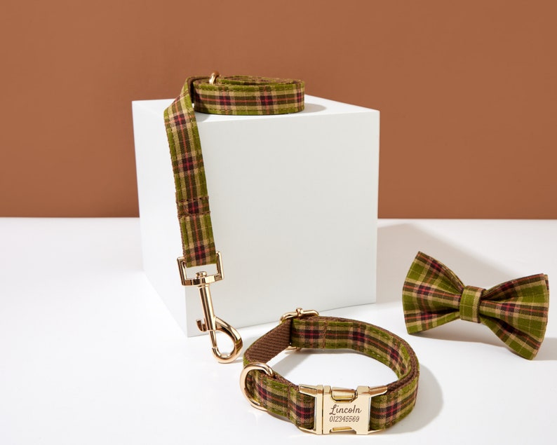 Plaid Personalized Dog Collar with Bow, Engraved Dog Collar and Leash Bow tie Set For Boy Dog, Green Plaid Dog Collar image 2