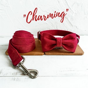 Op de afbeelding: Een rode hondenriem met een bijpassende strik. De riem is gemaakt van zacht, fluweelachtig materiaal en heeft een zilveren gesp. De strik is met een knoop aan de riem bevestigd. De tekst "Charming" is in rood boven de riem en de strik geschreven.