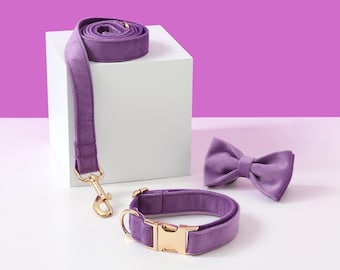 Purple Dog Collar and Lead Bow Set, Velvet Collar, Custom Dog Collar Bow, Personalized Collar,Small Dog Collar, Puppy Collar Boy Dog Collar