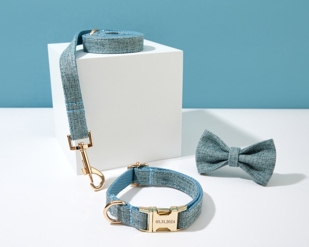 Blue Twisted Woven Personalized Dog Collar Bow Tie Set, Dog Collar