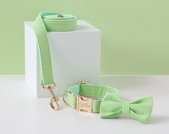 Light Green Personalized Dog Collar  Set, Corduroy Dog Collar for Boy Dog, Wedding Dog Collar,Puppy Collar and Lead Bow, UK Free Shipping