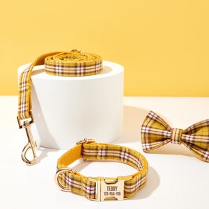 Designer Personalise Plaid Dog Collar with Custom Name Plate, Puppy Collar Metal Name Buckle, Dog Collar Leash Bow for Big and Small Dog image 2