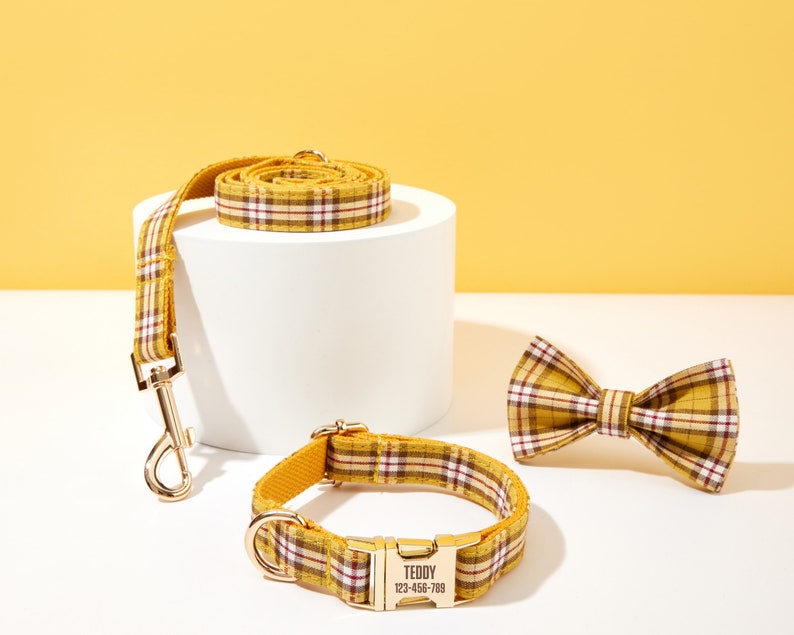 Designer Personalise Plaid Dog Collar with Custom Name Plate, Puppy Collar Metal Name Buckle, Dog Collar Leash Bow for Big and Small Dog image 2