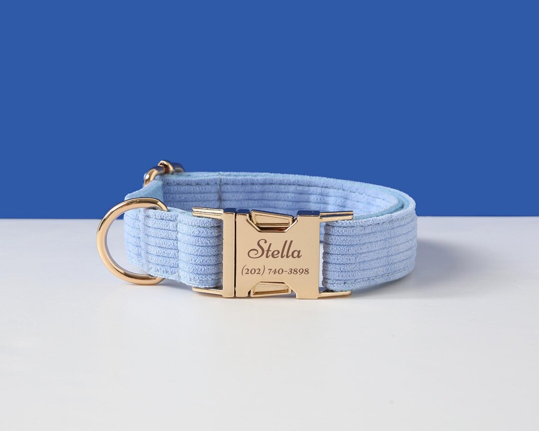 Blue Corduroy Dog Collar Set, Personalised Dog Collar With Name, Custom