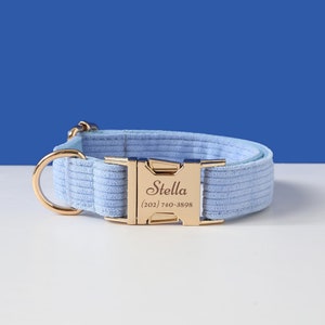 Blue Corduroy Dog Collar Set, Personalised Dog Collar with Name, Custom Boy Puppy Collar and Lead for Girl Dog