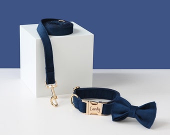 Personalized Navy Blue Velvet Dog Collar Bow, Custom Dog Collar,Designer Dog Collar With Name,Thick Dog Collar,Wedding Dog Collar, Dog Gift