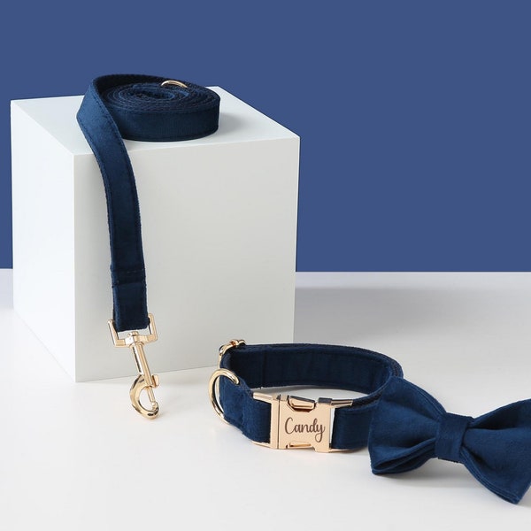 Personalized Navy Blue Velvet Dog Collar Bow, Custom Dog Collar,Designer Dog Collar With Name,Thick Dog Collar,Wedding Dog Collar, Dog Gift