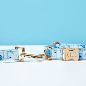 May include: A blue and white floral dog collar with a gold buckle that says "OLLIE". The collar is paired with a matching leash.