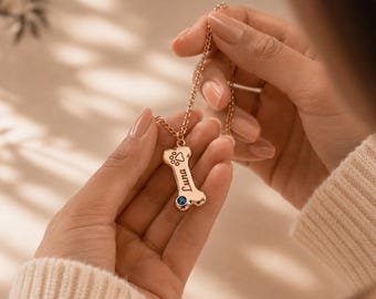 Custom Bone Necklace for Dog Lovers, Personalized Pet Name Necklace, Birthstone Necklace, Dog Mom Jewelry, Pet Gifts for Her