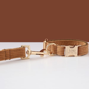 Brown Corduroy Dog Collar and Leash Set, Personalised Dog Collar with Name,Custom Boy Puppy Collar and Lead for Girl Dog