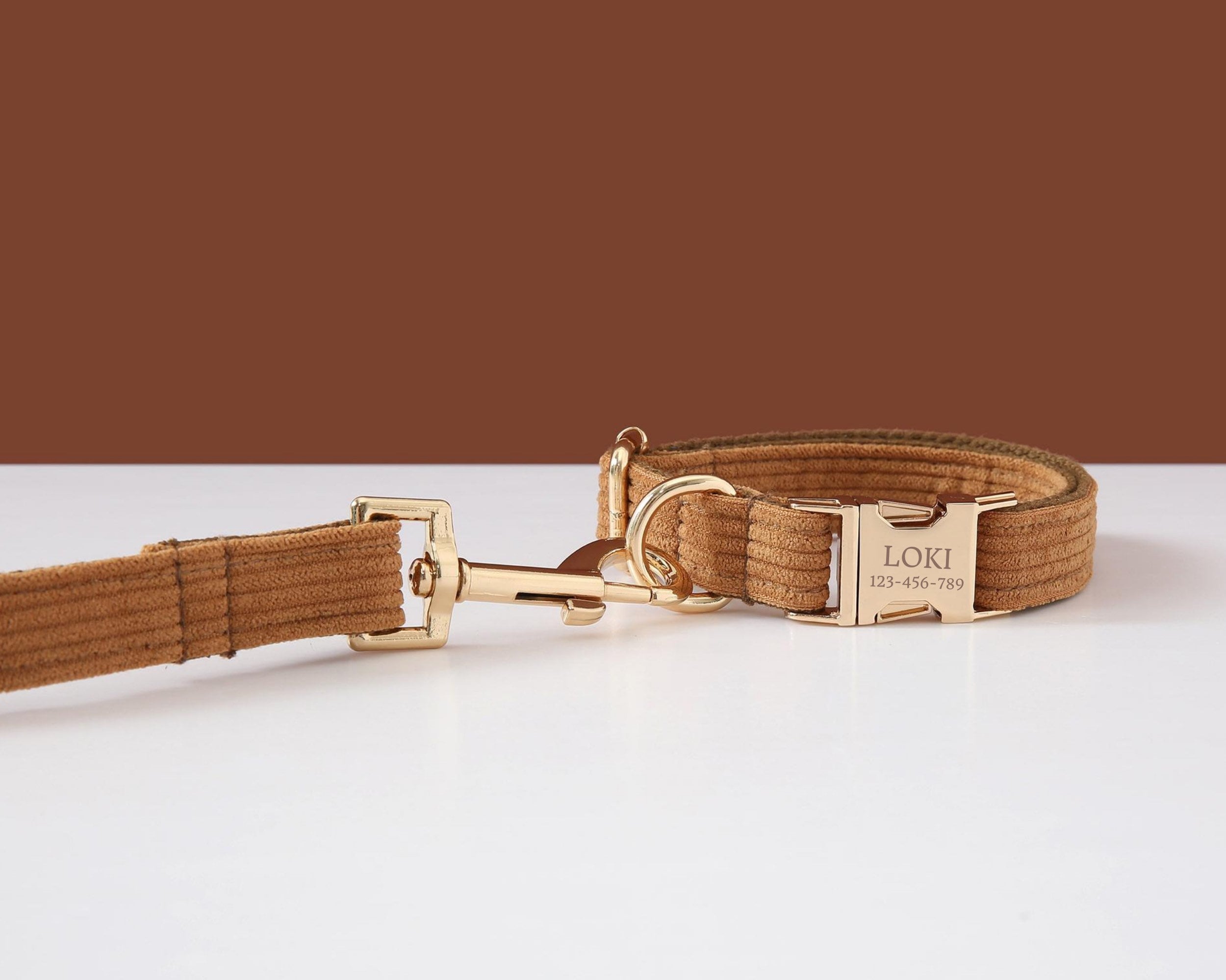 Brown Corduroy Dog Collar and Leash Set, Personalised Dog Collar with Name,Custom Boy Puppy Collar and Lead for Girl Dog