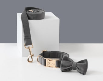 Collare per cani in velluto grigio con chiusura personalizzata, collare personalizzato con nome/numero di telefono del cane, accessori per animali domestici per cani al matrimonio, regalo per il proprietario del cane