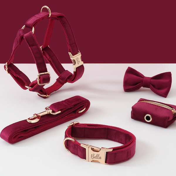 Personalized Dog Harness and Leash Set, Burgundy Custom Velvet Harness Collar Bow tie Poo Bag Holder, No Pull Harness for Girl Puppy Dog