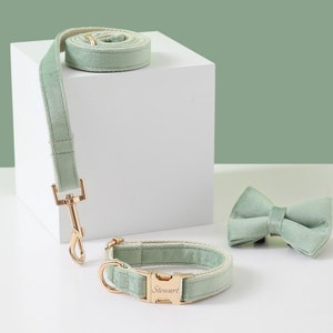 Sage Green Velvet Dog Collar and Leash Bow Tie, Personalised Dog Collar with Name,Custom Boy Puppy Collar and Lead for Girl Dog