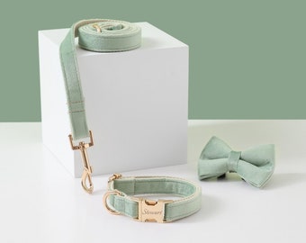 Sage Green Velvet Dog Collar and Leash Bow Tie, Personalised Dog Collar with Name,Custom Boy Puppy Collar and Lead for Girl Dog