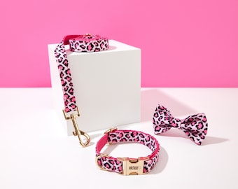 Pink Leopard Print Personalized Dog Collar Bow tie, Dog Collar for Boy Dog, Wedding Dog Collar,Puppy Collar and Lead Bow, UK Free Shipping