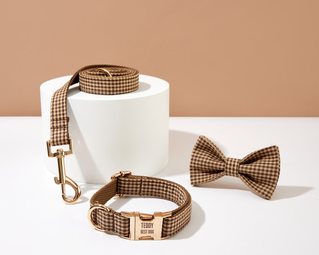 Brown Gingham Personalized Dog Collar Bow Tie, Dog Collar for Boy Dog