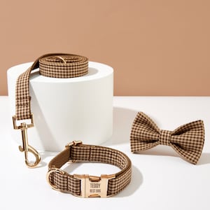 Brown Gingham Personalized Dog Collar Bow tie, Dog Collar for Boy Dog, Wedding Dog Collar,Puppy Collar and Lead Bow, UK Free Shipping