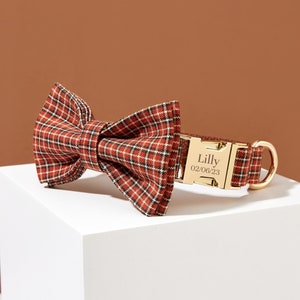 Christmas Plaid Dog Collar and Leash Bow tie Set, Personalised Scotland Green Tartan Puppy Collar , Free Name Engraved Dog Bowtie Collar