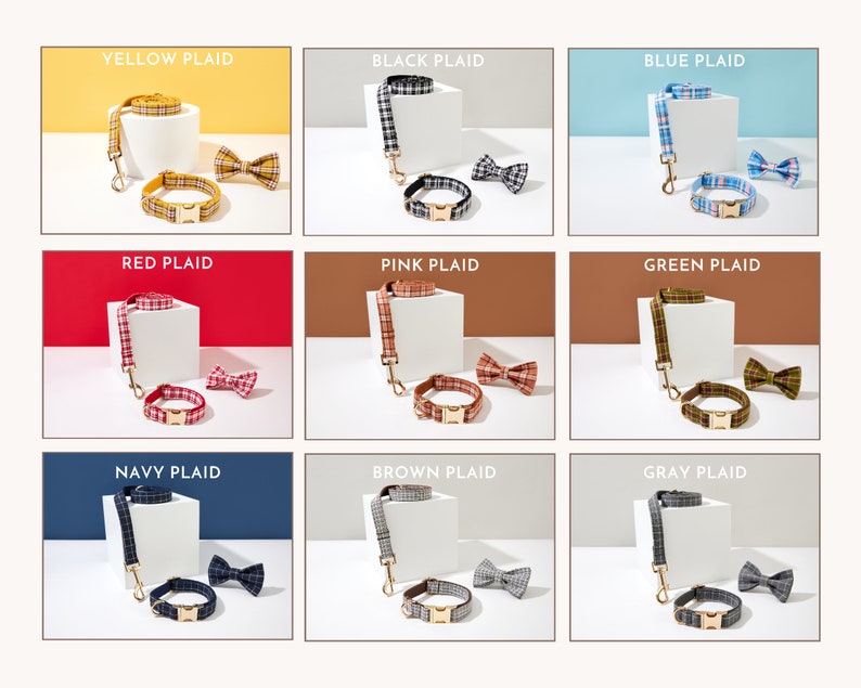 Designer Personalise Plaid Dog Collar with Custom Name Plate, Puppy Collar Metal Name Buckle, Dog Collar Leash Bow for Big and Small Dog image 9