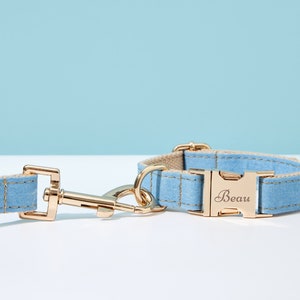 May include: A light blue dog collar with a gold buckle and a personalized inscription that reads "Beau". The collar is paired with a matching leash.