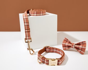 Kariertes personalisiertes Hundehalsband-Leine-Bogen-Set, Tartan-Hundehalsband für Jungenhund, Hochzeitshundehalsband, Welpenhalsband und Bleischleife, kostenloser Versand