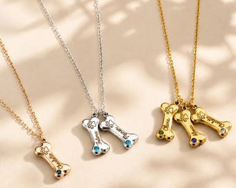 Personalized Dog Bone Necklace, Custom Pet Name Pendant, Birthstone Pet Necklace, Cat Mom Gifts for Women, Pet Lover Jewelry