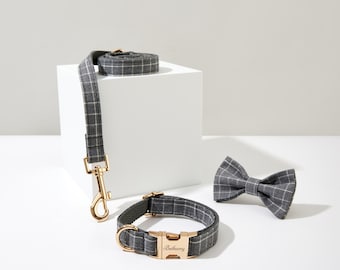 Gray Plaid Personalized Dog Collar Bow tie, Tartan Dog Collar for Boy Dog, Wedding Dog Collar,Puppy Collar and Lead Bow, UK Free Shipping