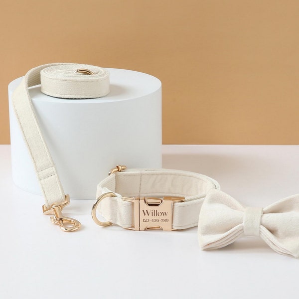 Weiße Hochzeit Hundehalsband und Leine Fliege Hundegeschenk, personalisiertes Hundehalsband mit Namen, kundenspezifisches Jungen-Welpen-Halsband und Leine für Mädchen-Hund
