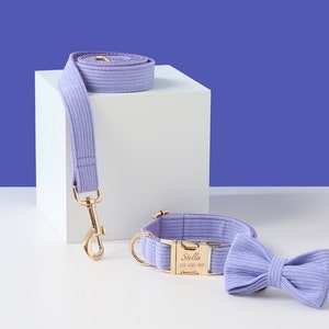 May include: A lavender corduroy dog collar and matching leash with a gold buckle and a personalized name tag that reads "Stella 123-456-789".