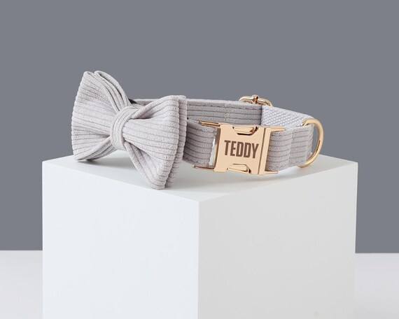 Personalized Grey Dog Collar Bow, Custom Dog Collar, Designer Dog Collar With Name,Thick Velvet Dog Collar,Wedding Dog Collar, Dog Gift UK