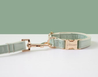 Sage Green Dog Collar and Leash, Custom Dog Collar,Designer Dog Collar With Name,Thick Velvet Collar,Wedding Dog Collar, Dog Lover Gift UK