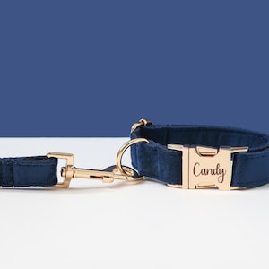 Navy Blue Dog Collar, Personalized Puppy Collar with Engraved Name Plate, Thick Velvet Metal Buckle Collar Leash Bow for Wedding Dog image 5