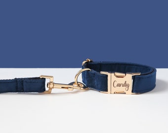 Navy Blue Dog Collar Leash Set, Personalized Puppy Collar with Engraved Name Plate, Thick Velvet Metal Buckle Collar Leash Bow for Wedding