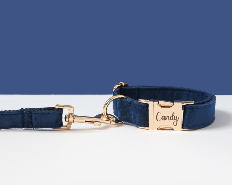 Navy Blue Dog Collar, Personalized Puppy Collar with Engraved Name Plate, Thick Velvet Metal Buckle Collar Leash Bow for Wedding Dog image 5