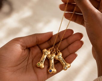Personalized Bone Charm Necklace, Custom Pet Jewelry, Dog Name Necklace, Cat Name Necklace, Birthstone Necklace for Women