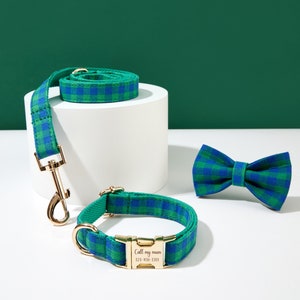 Grün-Blau-Karo Personalisiertes Hundehalsband, Fliege, Hundehalsband für Jungen, Hund, Hochzeitshundehalsband, Welpenhalsband und Bleischleife, kostenloser Versand
