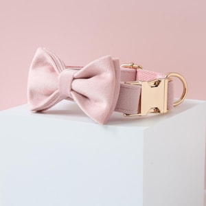Pink Dog Collar and lead Bow, Velvet Collar, Custom Dog Collar, Personalized Collar, Small Dog Collar,Puppy Collar Girl Dog Collar and Leash