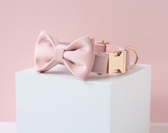 Pink Dog Collar and lead Bow, Velvet Collar, Custom Dog Collar, Personalized Collar, Small Dog Collar,Puppy Collar Girl Dog Collar and Leash